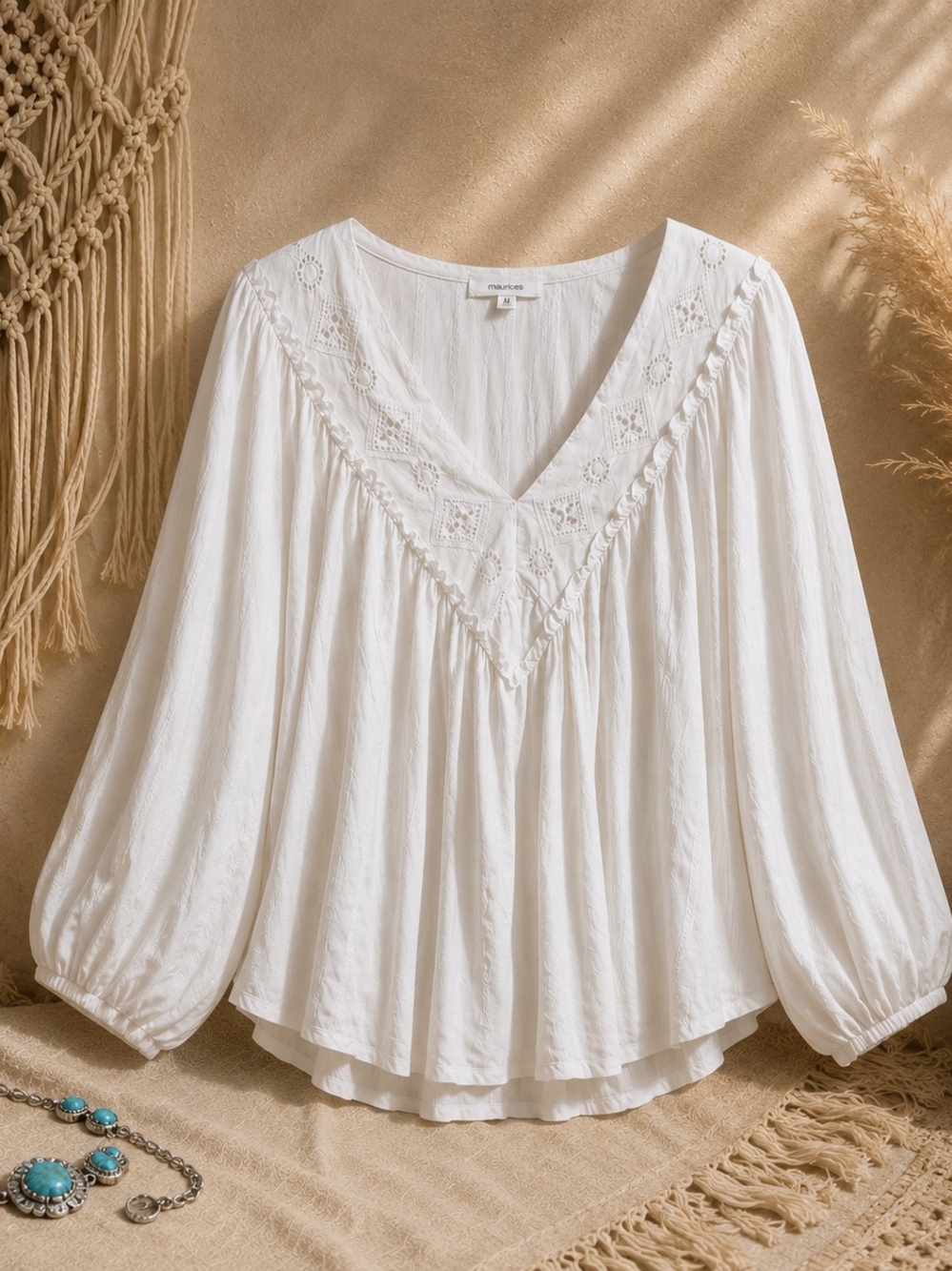 Maurices White V-Neck Boho Embroidered Peasant Blouse